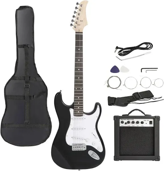 Black Electric Guitar Full Size with 10W Amp, Case and Accessories Pack Beginner