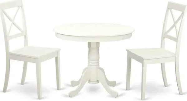 Kitchen Table Set- Table Plus 2 Dining Chairs Linen White 3 Round Wood Seat