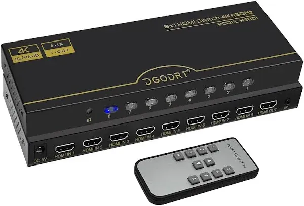 DGODRT 8×1 HDMI Switch 8 in 1 Out, 8 Port 4K HDMI Switcher Selector Box NEW