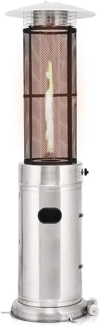 Giantex Propane Patio Heater, Floor-Standing Electric Heater w/Wheels, Dancing Flame, Quartz Glass Tube, Stainless Steel, Round Space Heater, Outdoor Heater for Backyard, Balcony, BBQ Party, Silver