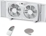 Shinic Twin Window Fan with Remote, 9-Inch Blades Reversible Airflow, Thermostat Control, 3 Speeds, 3 Functions, 23.8"-37" Expandable Width, Window