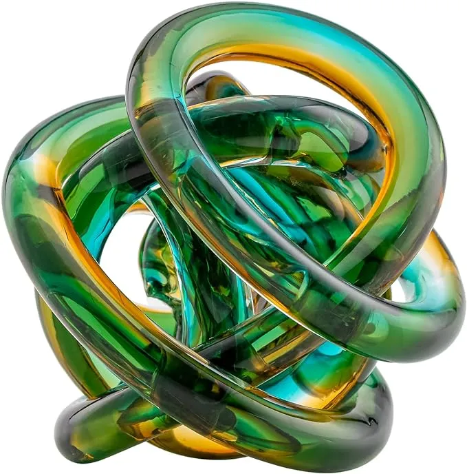 Torre & Tagus Orbit Hand Blown Glass Infinity Knot Sculpture - 3 Inch Glass Art Teal Amber Knot Decor Ball for Home Decor, Small Centerpiece Table Decoration for Home Interior (Ombre Ocean Sunset)