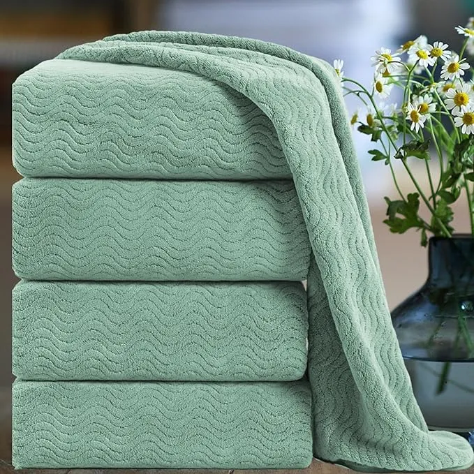 Ultra Soft Bath Towel Set of 4, Green Extra Large Textured Microfiber Luxury Towels 35x70 in, Quick Dry, Highly Absorbent, Fluffy, Oversized, for Bathroom Shower Pool Hotel Beach