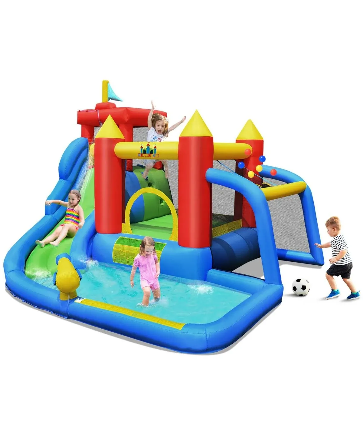 HONEY JOY Inflatable Water Slide, 7-in-1 Toddler Giant Blow Up Bouncy Water Park w/Soccer Ball Gate, Outdoor Water Bounce House Water Slides Inflatables for Kids and Adults Backyard(Without Blower)