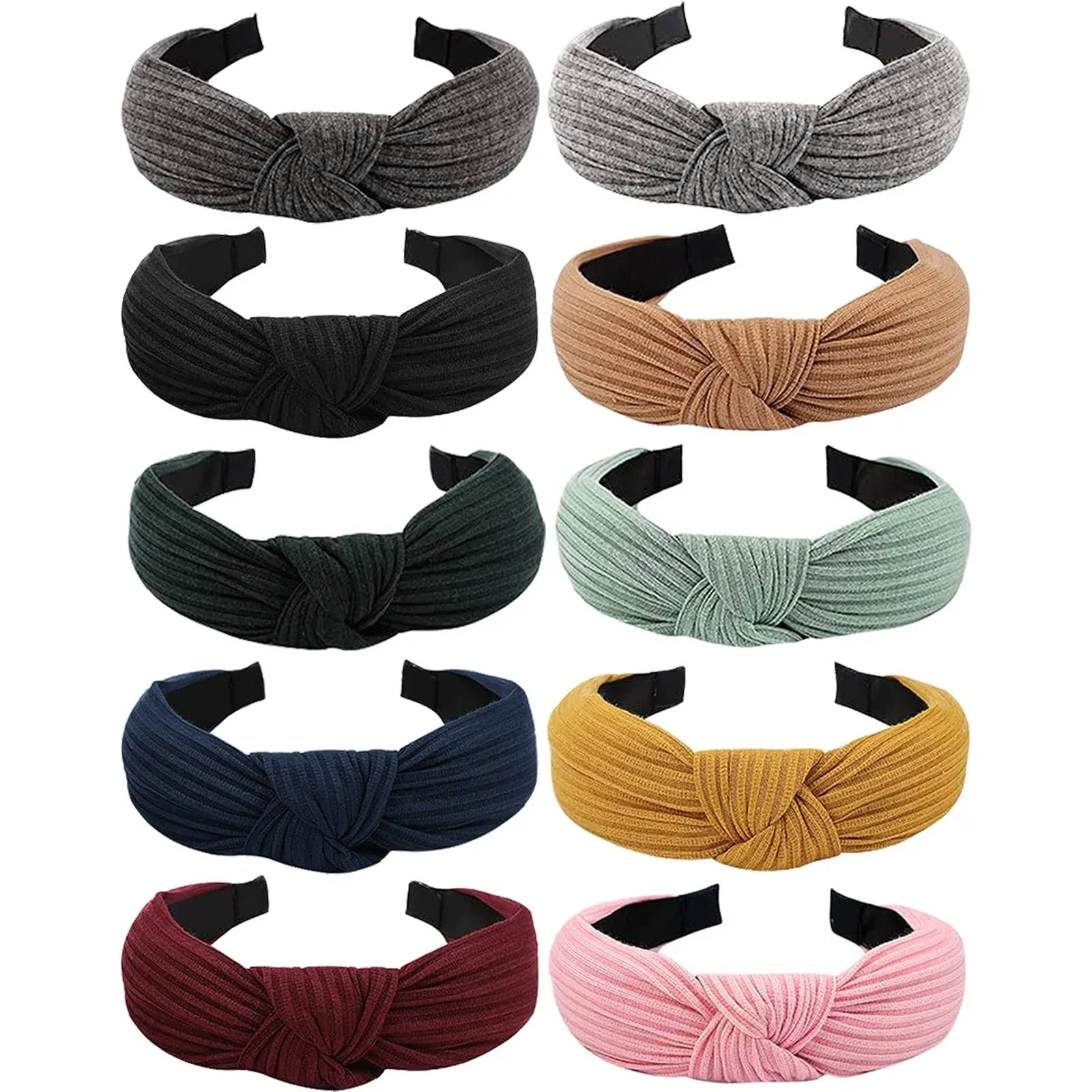 Ondder Hairband, Knotted Headbands for Women 10 Pack, Fabric Wide Headbands for Thin Thick Hair, Top Knot Cute Headbands, Solid Color Headband Assorted, Hairband