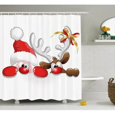 Ambesonne Christmas Shower Curtain, Funny Christmas Santa Claus and Reindeer Peeking Cartoon Style Humor, Cloth Fabric Bathroom Decor Set with Hooks, 69" W x 70" L, Vermilion Caramel White