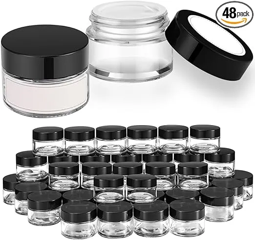 1 oz Small Glass Jars, Bumobum 48 pack Empty Round Clear Jars with Black Lids, White Labels & Inner Liners, Mini Cosmetic Containers for Cream, Lotion