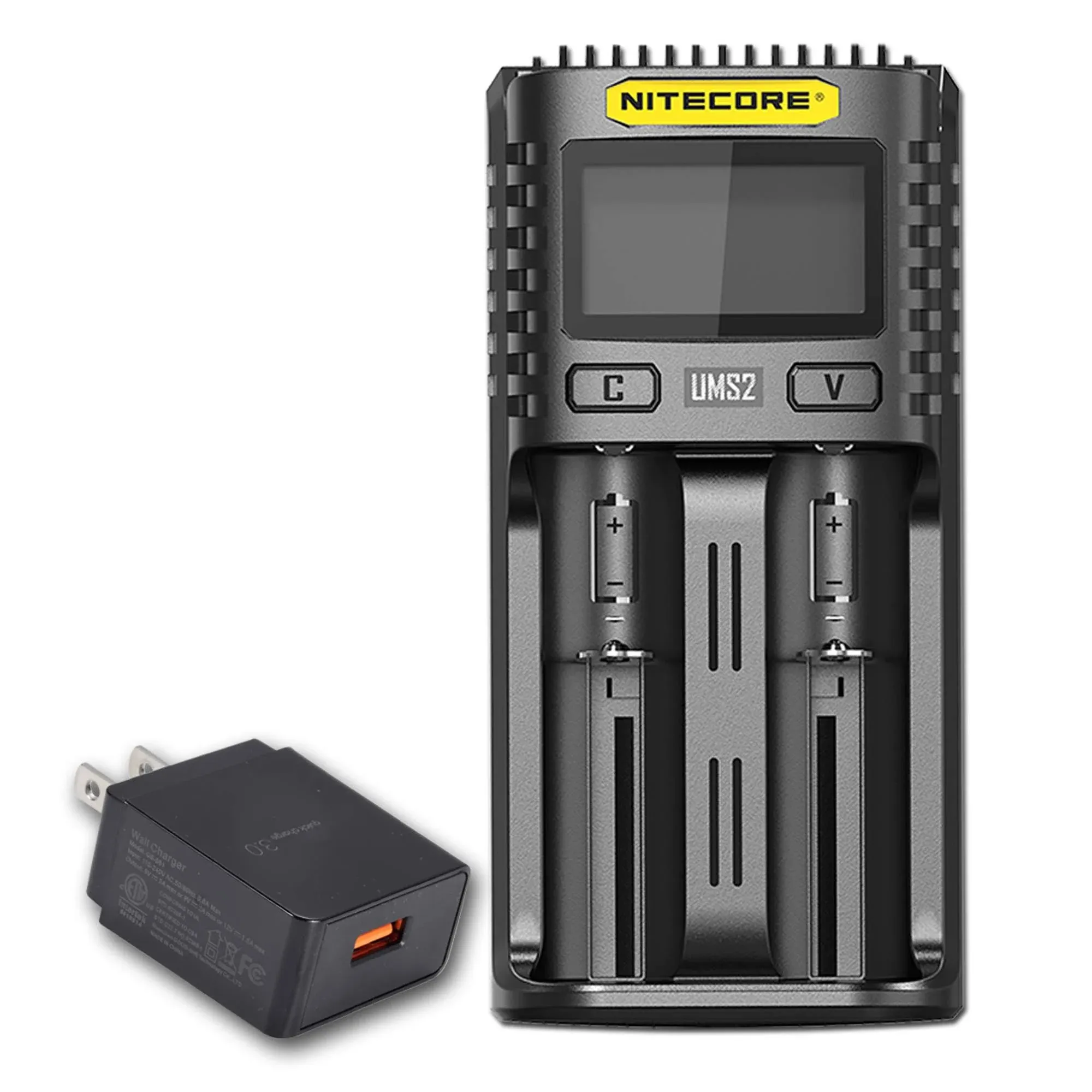 Nitecore UMS2 Intelligent USB Dual-Slot Quick Battery Charger for Li-Ion/Ni-MH/Ni-Cd/IMR 16340 14500 18650 21700 20700 AA AAA and More Batteries, with LumenTac QC3.0 Charging Adapter