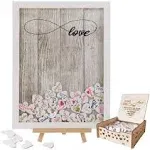 Y&K Homish Wedding Guest Book Wooden Picture Frame, Drop Top Frame with 100PCS Wooden Hearts, Rustic Wedding Decorations and Gift (White wooden frame + Unlimited love)