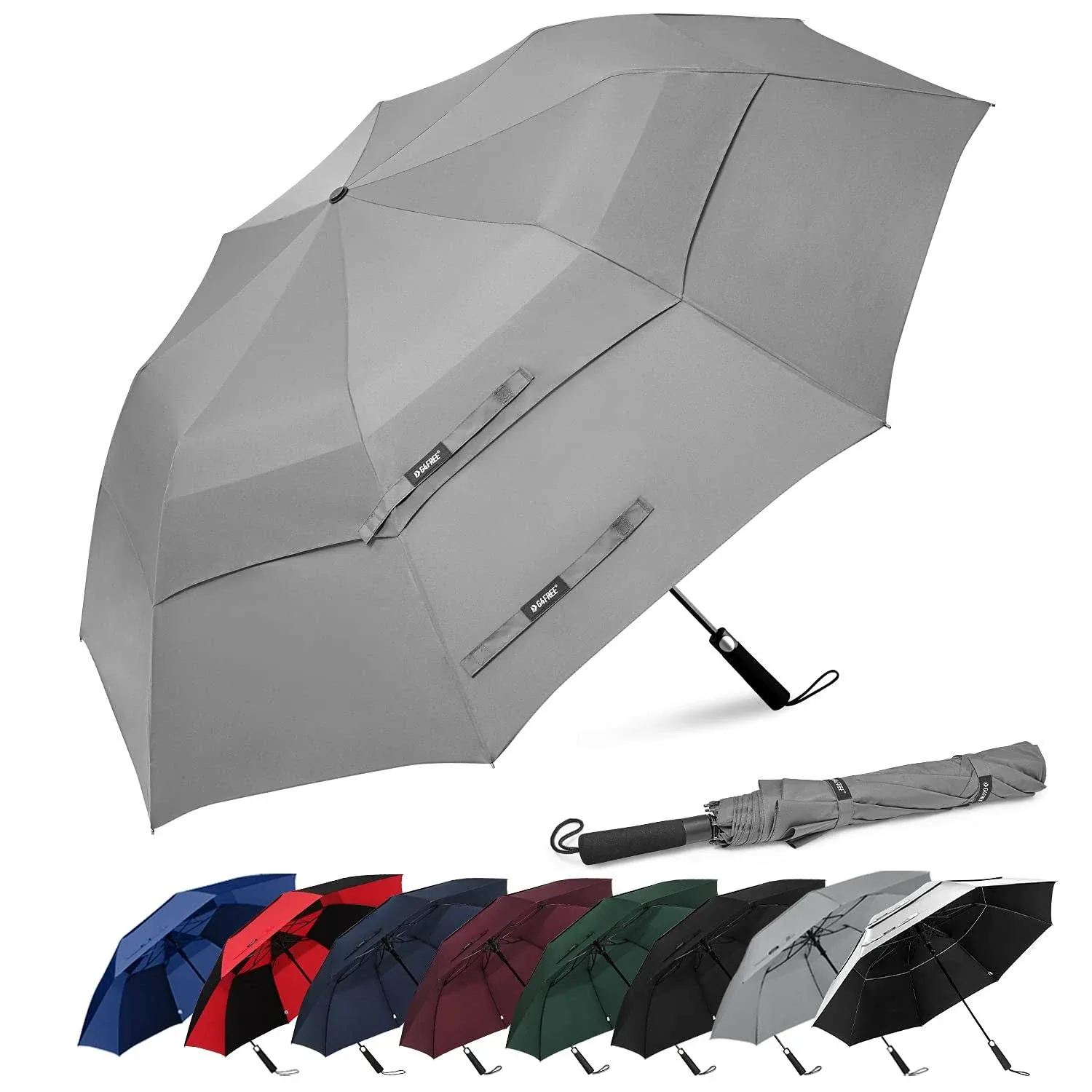 G4Free 62 Inch Portable Golf Umbrella Large Oversize Double Canopy Vented Windproof Waterproof Auto Open Folding Umbrellas(Gray)