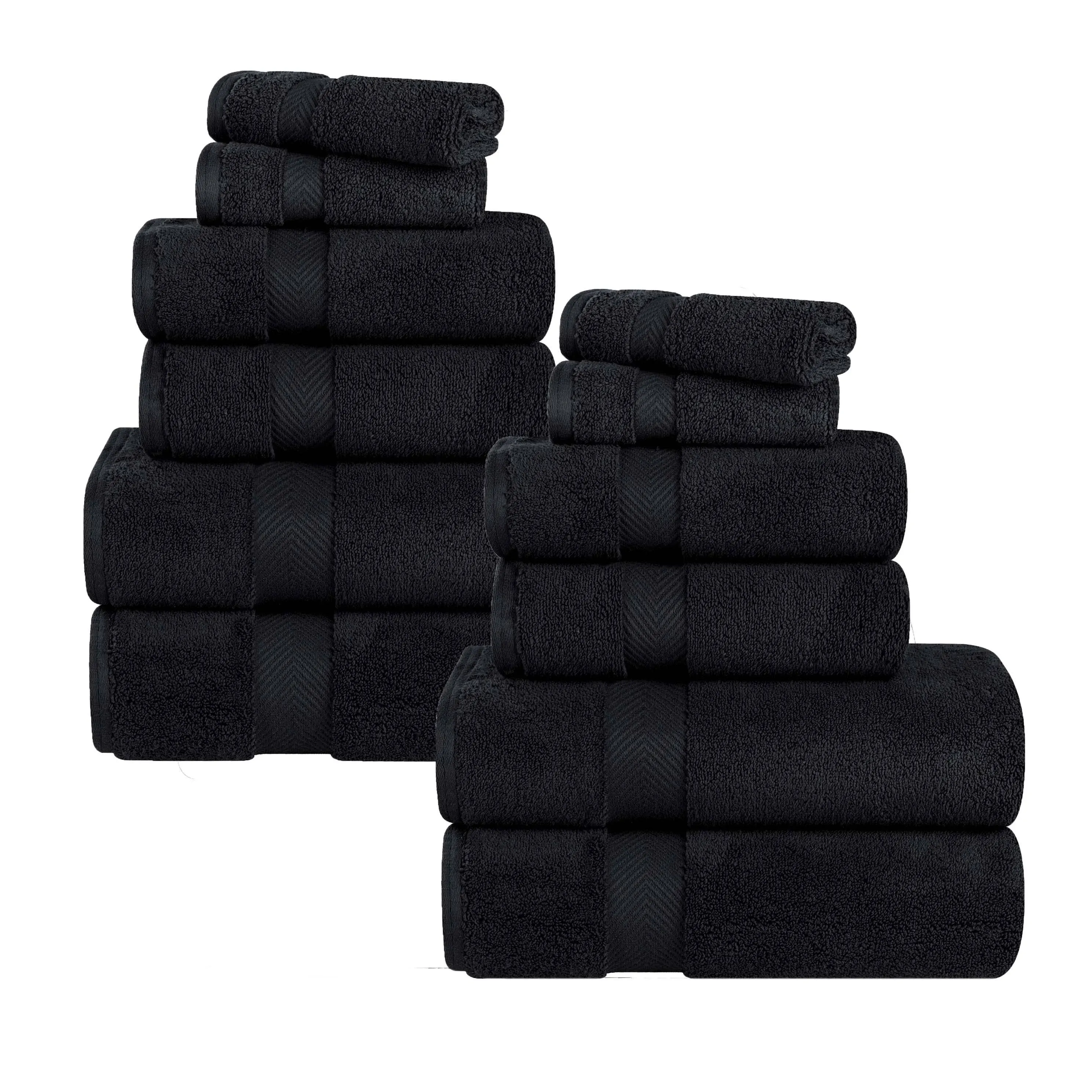 Superior Zero Twist Cotton 12 Piece Assorted Towel Set, Includes 4 Bath, 4 Hand, 4 Washcloth/Face Towels, Quick Dry, Home Essentials, Shower, Spa, Luxury Plush Soft Absorbent Towels, Black