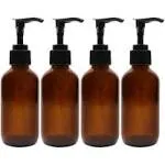 4oz Amber Glass Boston Round Pump Bottles (4 Pack); Great for Lotions, Liquid Soap, Aromatherapy and More