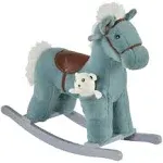 Qaba Kids Plush Ride-On Rocking Horse with Bear Toy Children Chair with Soft Plush Toy & Fun Realistic Sounds Blue