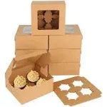 Oungy 100 Pcs Cupcake Boxes 4 Hole 6 x 6 x 3 inch Bakery Box with Window Kraft Paper Cake Boxes with Inserts Bakery Boxes for Small Cakes Muffins