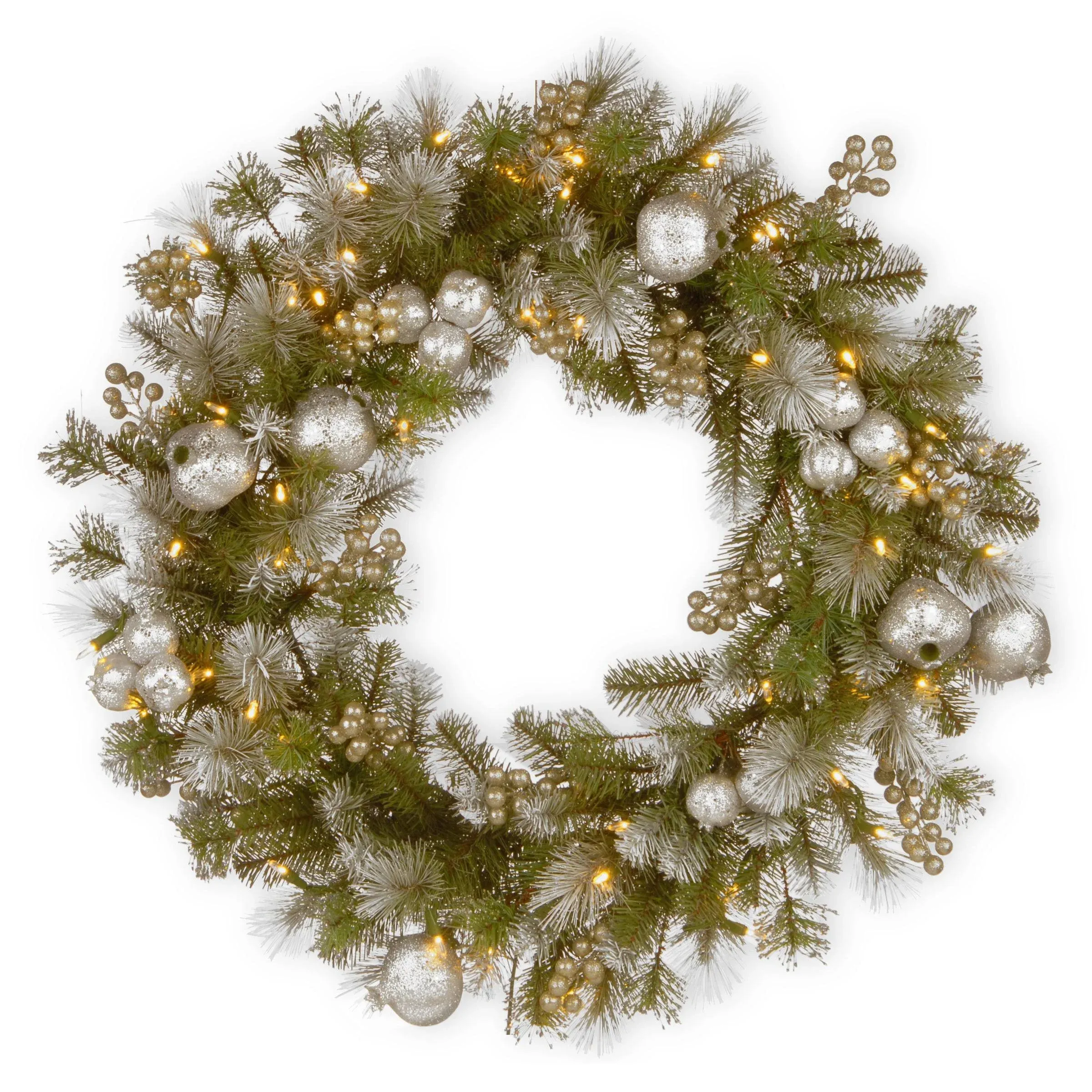 National Tree Company Pre-Lit Artificial Christmas Wreath, Green, Glittery Pomegranate Pine, White Lights, Decorated with Pomegranates, Berry Clusters, Christmas Collection, 30 Inches