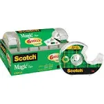 Scotch Magic Tape with Refillable Dispenser, Invisible, Write On, Matte Finish, 3/4" x 18.05 yds., 1" Core, 6-Pack (6122MP)