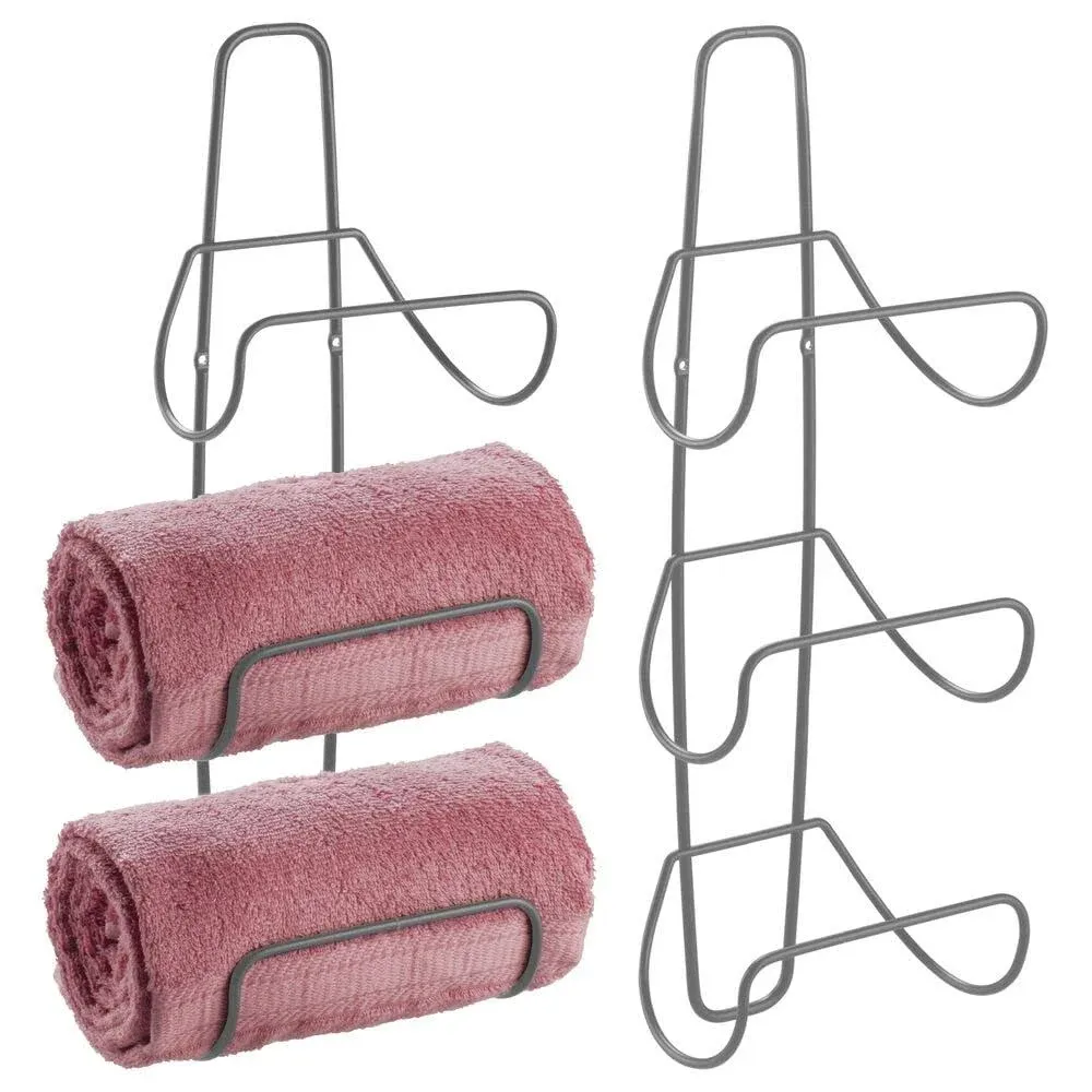 mDesign Metal Wall Mount Towel Organizer Rack, 3 Shelves, 2 Pack - Graphite Gray