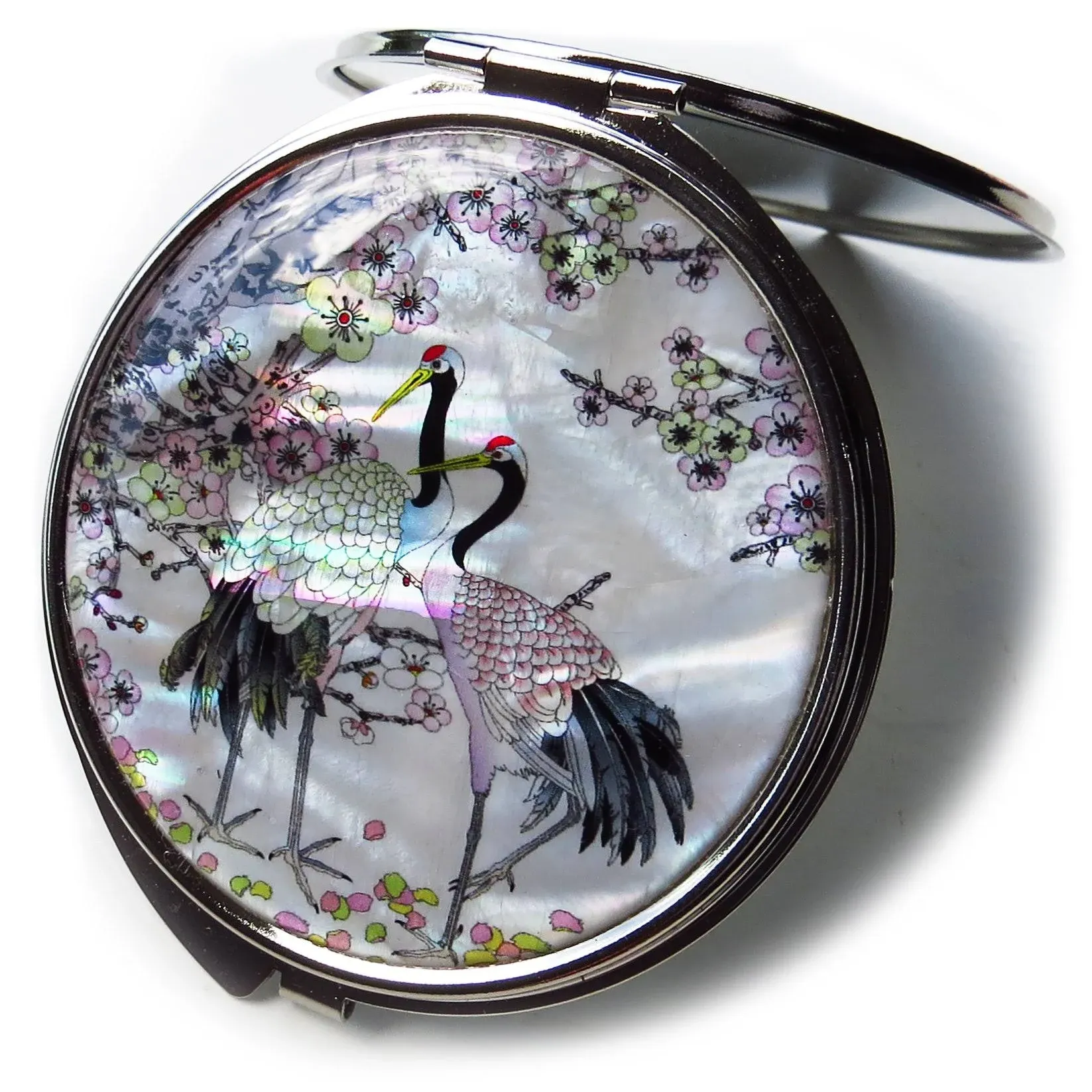 MADDesign Mother of Pearl Compact Mirror Round Double Sided Folding Magnify Crane Apricot Tree Design