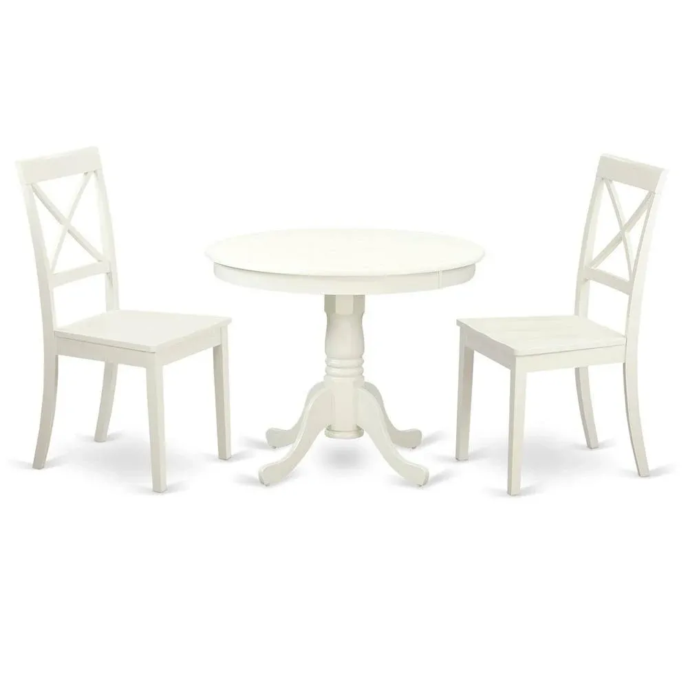 3pc Antique dinette set round pedestal kitchen table + 2 wood chairs linen white