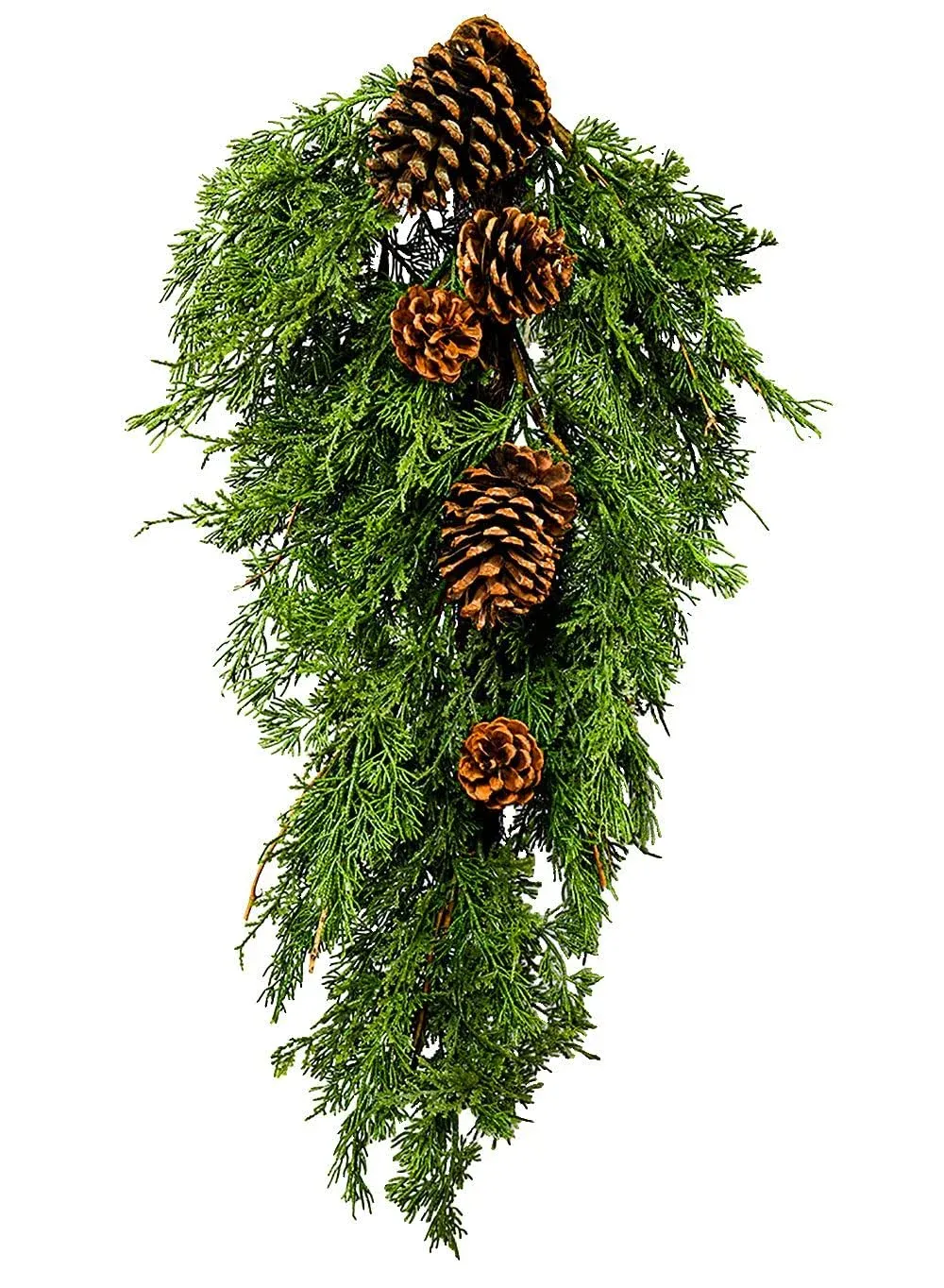 Serene Spaces Living Faux Cypress Swag with Pine Cones, Teardrop Outdoor Wreaths for Front Door, Christmas Decoration Hang on a Window, Above Fireplace Mantel, Kitchen, Porch, 28" Tall & 16" Wide