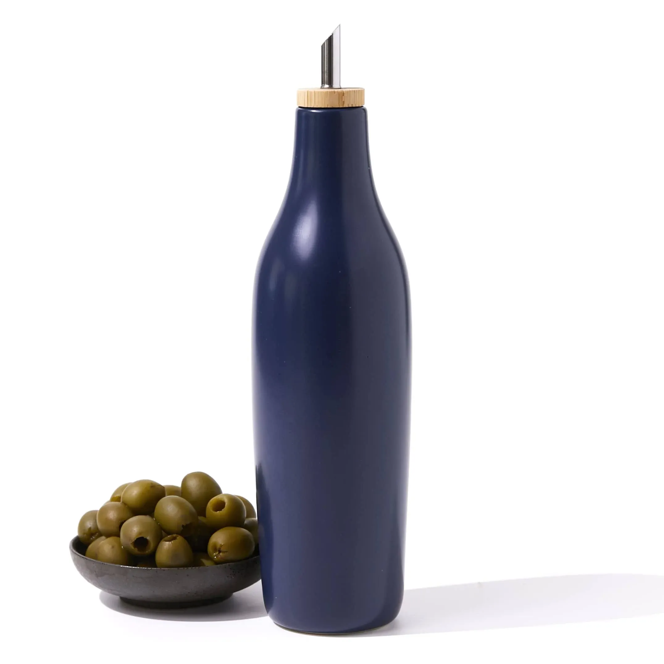 Olive Oil Dispenser Bottle Stoneware Ceramic for EVOO or Vinegar | Modern Design | Large Capacity 16.9 ounce | Oil Container | Navy Blue