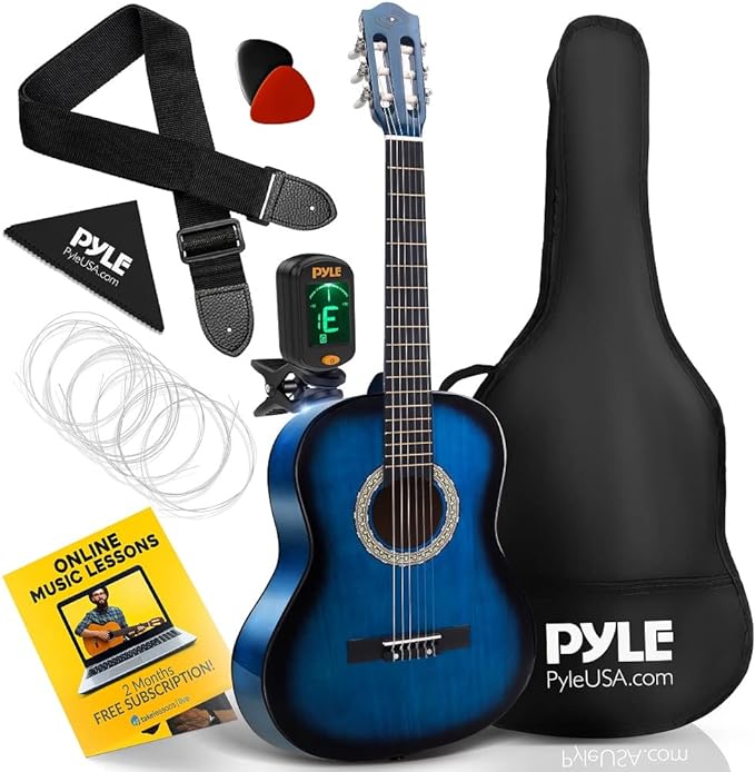 Pyle Classical Acoustic Guitar Kit, 3/4 Junior Size Instrument for Beginner Kids, Adults, 36" Blue Burst Matte