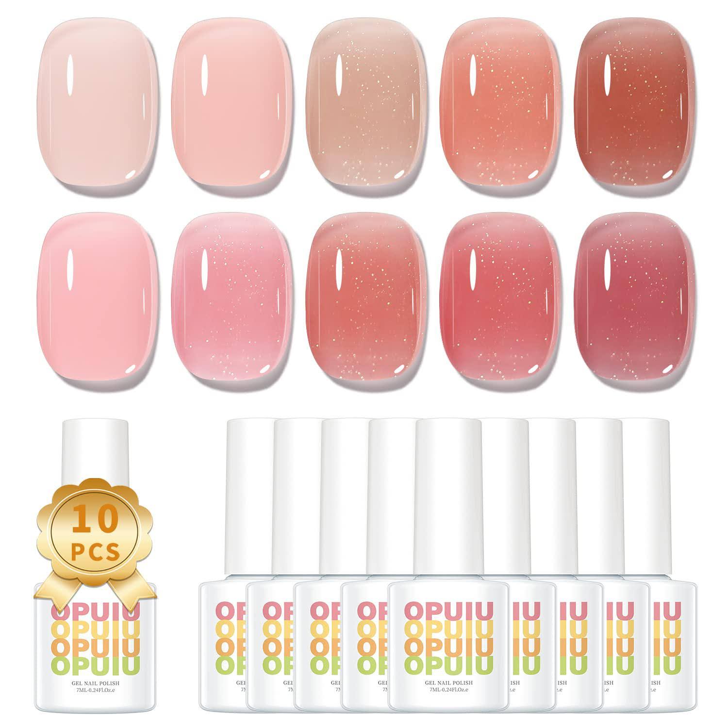 OPUIU 10 Pcs Jelly Shimmer Glitter Gel Nail Polish Set Red Pink Nude T