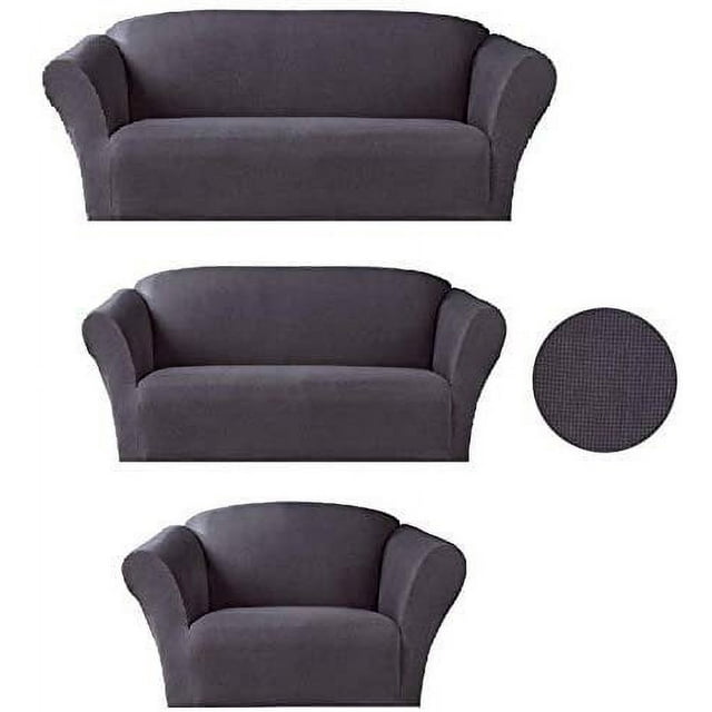 Sapphire Home 3-Piece SlipCover Set for Sofa Loveseat Couch Arm Chair Form fit Stretch Wrinkle Free Furniture Protector Cover for 3/2/1 Cushion Polyester Spandex 3pc Slipcover Dark Gray Charcoal