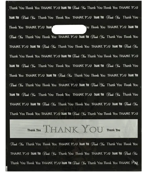 12X15 Black &#034;Thank You&#034; Die Cut Handle Plastic Bags 50/Cs.