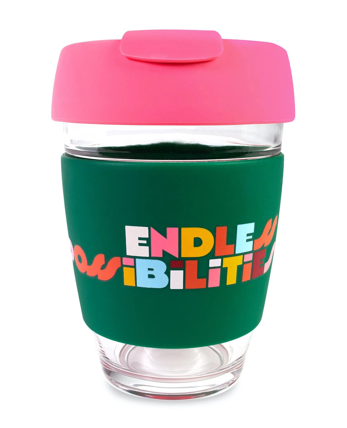 ban.do Reusable Glass Coffee Cup, 12 Oz Travel Cup, Clear Coffee Mug with Silicone Lid and Sleeve, Endless Possibilities