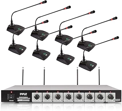 Pyle 8 Channel Wireless Microphone System - Portable VHF Cordless Audio Mic Set with 1/4" and XLR Output, Dual Antenna, - Includes 8 Table Top Mics, Rack Mountable Receiver Base - Pyle PDWM8300,Black