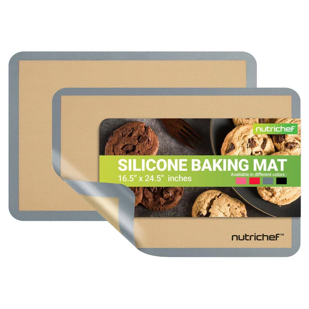 Nutrichef Silicone Baking Mats - 2 Non-stick Food-Grade Silicone Mats - Perfect for Full Baking Pans 24.4 x 16.5 IN - Oven-safe Up to 480 Degrees F - Suitable for Ovens, Freezers, & Dishwashers - Grey