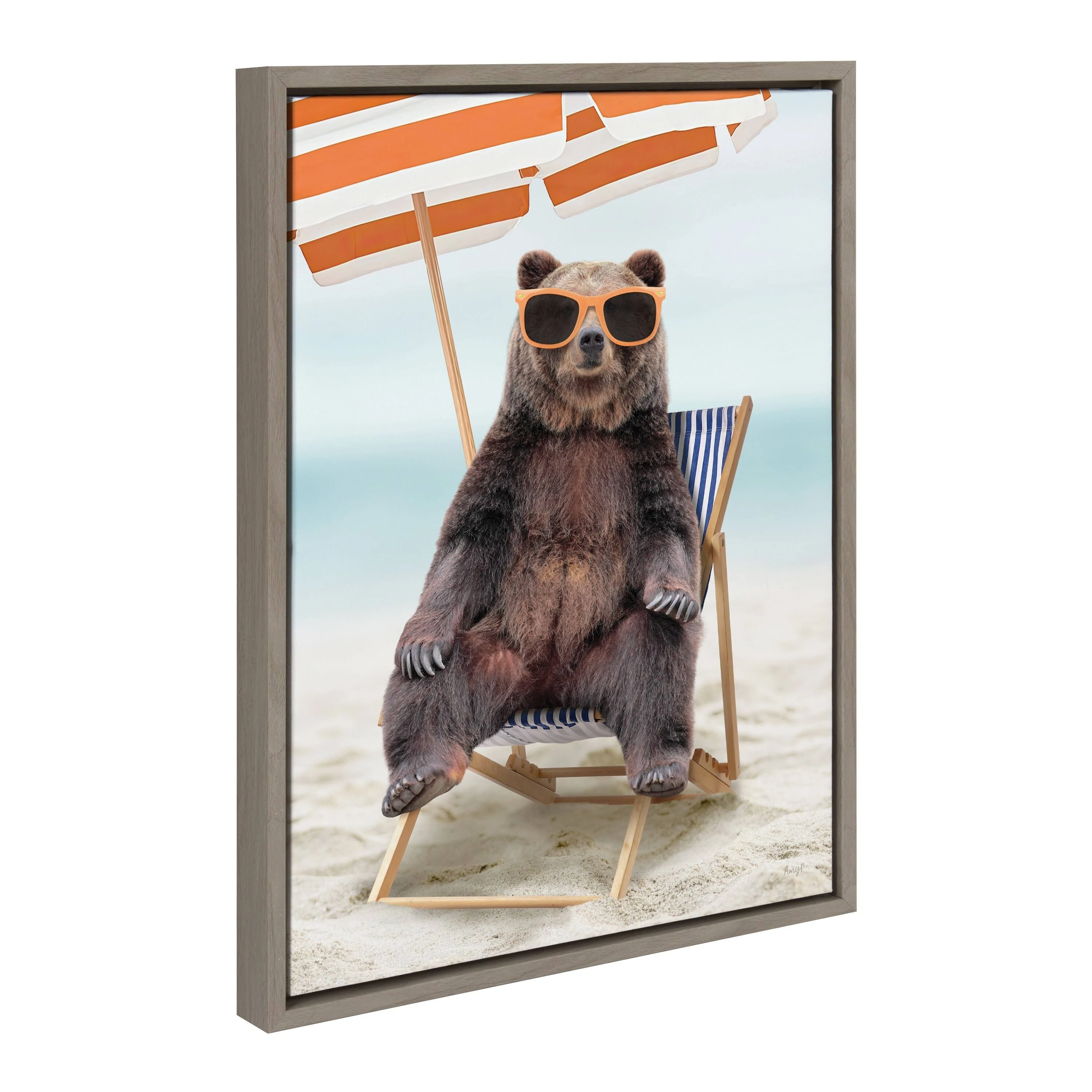 Kate and Laurel Sylvie Beach Chair Bear Framed Canvas Wall Art by Amy Peterson Art Studio, 18x24 Gray, Colorful Beach Animal Wall Decor