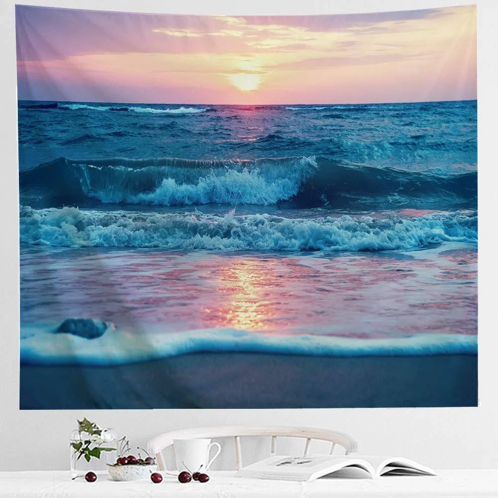 IcosaMro Ocean Tapestry Wall Hanging, Sea Beach Wave Sun Cloud Landscape Scenery Nature Wall Art [Double-Folded Hems] Bohemian Home Decor for Bedroom, Dorm, College, Living Room, 51x60, Blue