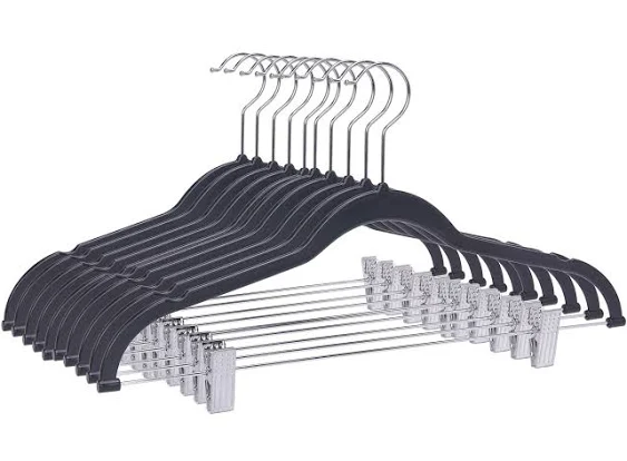 Quality Plastic 20-Pack - Non Velvet Non-Flocked Thin Compact Coat Hangers with Metal Clips for Skirts Pants Blouses - 360° Swivel Hook (Black, 20)