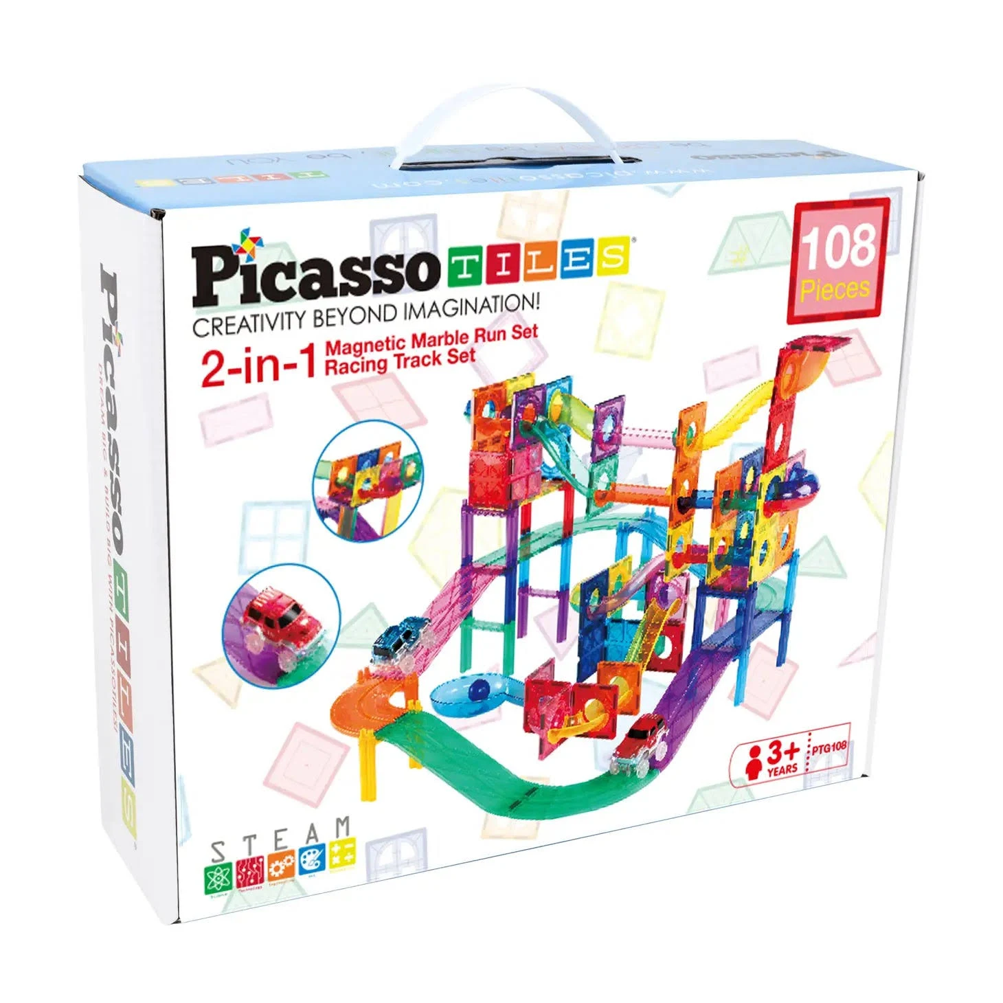 PicassoTiles 108pc 3-in-1 Marble Run Car Race Track Combo Magnetic Tiles PicassoToys Magnet Building Block Educational Construction Toy Playset STEM STEAM Learning Kit Child Brain Development PTG108