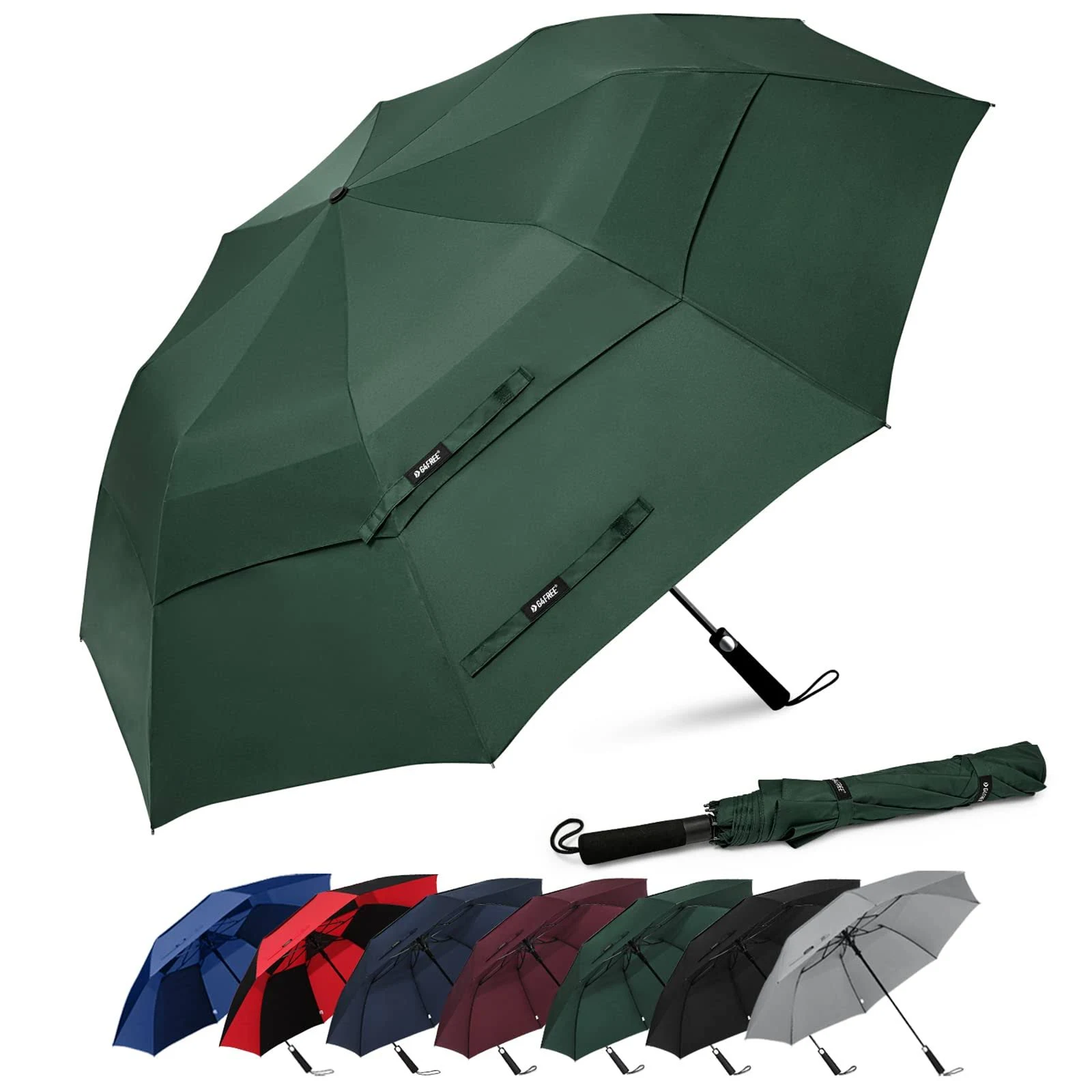 G4Free 62 Inch Portable Golf Umbrella Large Oversize Double Canopy Vented Windproof Waterproof Automatic Open Stick Umbrellas for Men and Women(Dark Green)