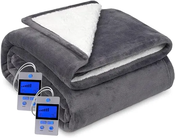 Sunset Low Voltage Heated Electric Blanket, Digital Controls, 10 Heat Levels, Preheat, Safety auto shutoff, Flannel Sherpa Oversized Bedding (Queen)