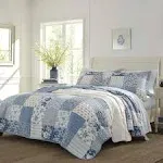 Laura Ashley - Queen Quilt Set, Reversible Cotton Bedding with Matching Shams, Farmhouse Inspired Home Decor (Paisley Printed Patchwork Blue, Queen)