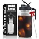 Cold Brew Mason Coffee Maker - 64oz Iced Coffee Pitcher with Mixing Spoon Filter