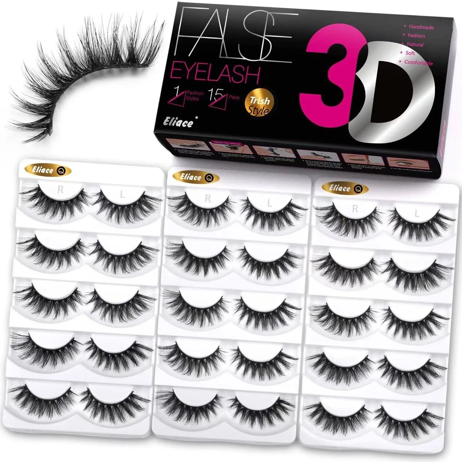 Eliace False Eyelashes Cat Eye-Lashes 3D Mink Lashes,Spiky Wispy Natural Long Faux Mink Lashes Strips Soft & Reusable Makeup Professional Fake Eyelashes Pack 15 Pairs | Trish Style