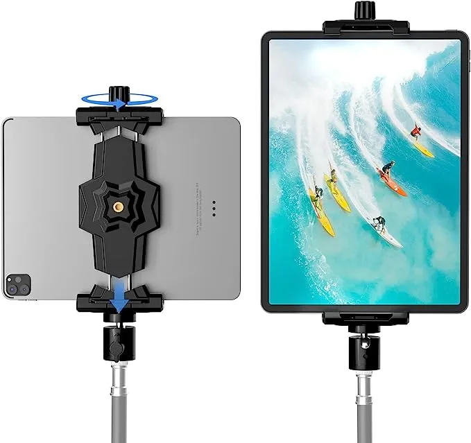 iPad and Phone Tripod Mount Adapter with Ball Head, iPad Holder for Tripod, 360 Rotatable Tablet Clamp Mount fits iPad Pro 12.9, iPad Air Mini 3 4, Galaxy Tab, Surface Pro, Selfie Stick(5.3-10.6")