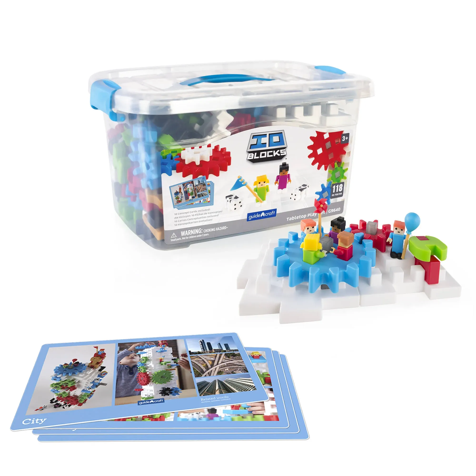 Guidecraft IO Blocks Tabletop System - 118 Pieces, Gears, Axles, IO people & Cows, Kids Interlocking Learning Toys