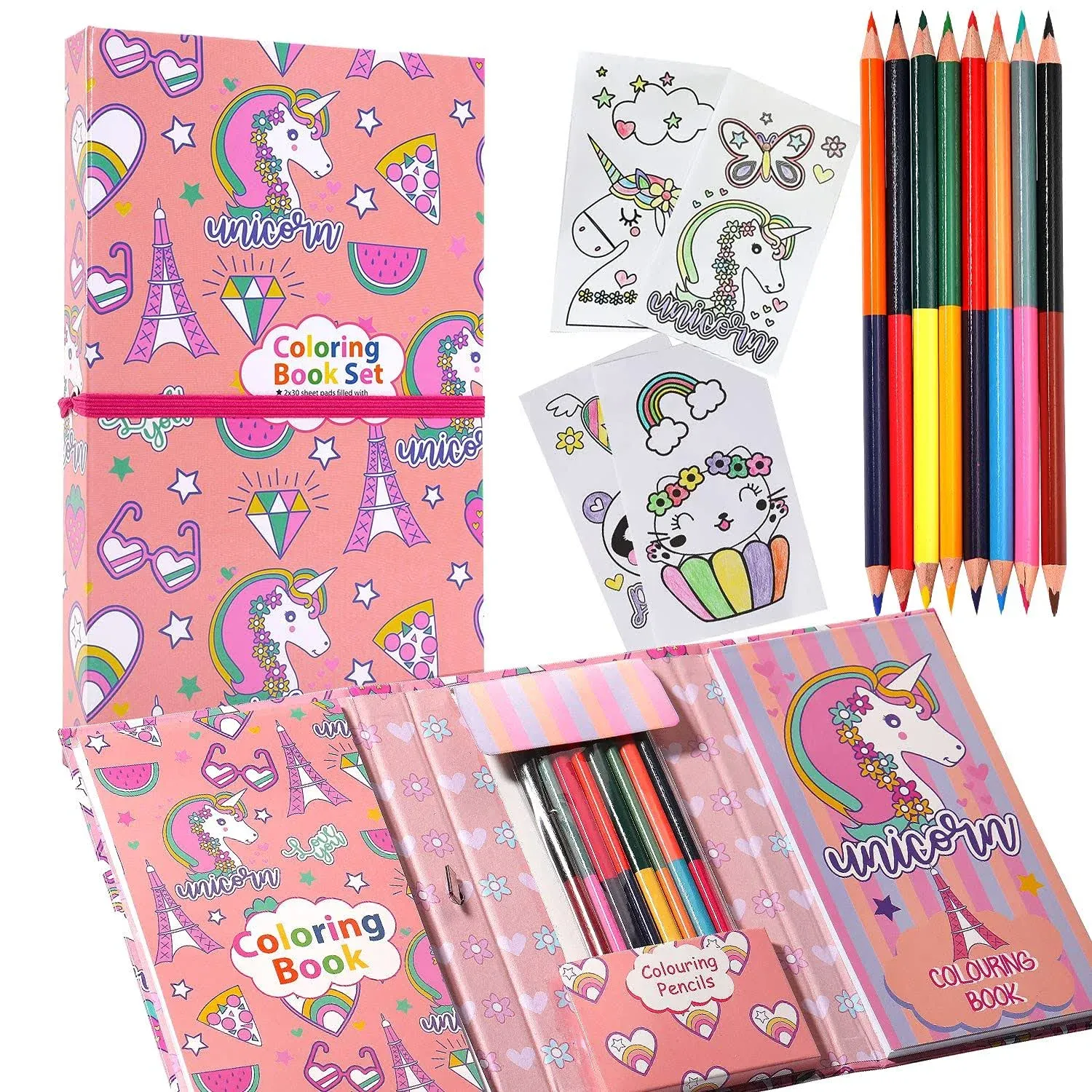 YOYTOO Unicorn Coloring Pads Kit for Girls, Unicorn Coloring Book with 60 Coloring Pages and 16 Colored Pencils for Drawing Painting, Back to School Travel Coloring Kit for Kids Girls Ages 3-12