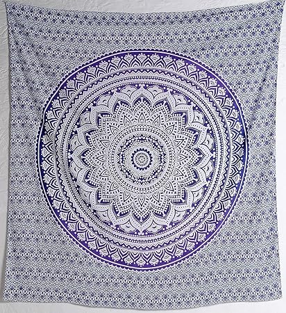 THE ART BOX Handmade Indian hippie Bohemian Psychedelic Peacock Mandala Wall hanging College Dorm Beach Throws Table Cloth Bedding Tapestry (Blue and White, Medium(54x60Inches)