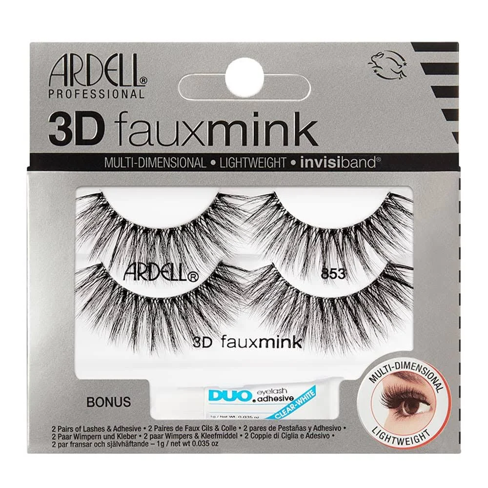 Ardell 3D Faux Mink 853 Lashes + 1 gram DUO Pipette, 2 pairs