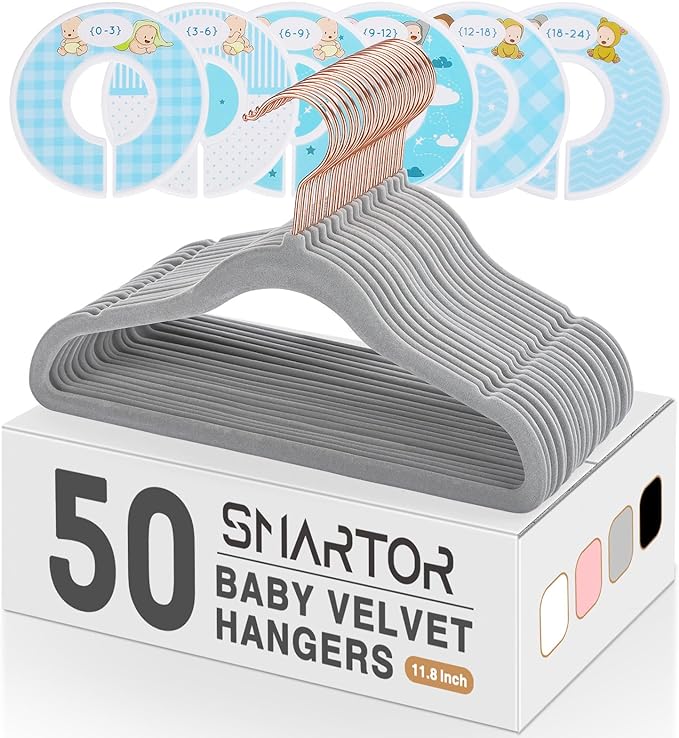 Smartor Premium Baby Hangers Velvet for Closet 50 Pack, 11.8" Durable Kids Felt Hangers Non Slip for Toddler, Baby Clothes Hangers for Childrens on Closet Storage (Rose Gold Hook)- White