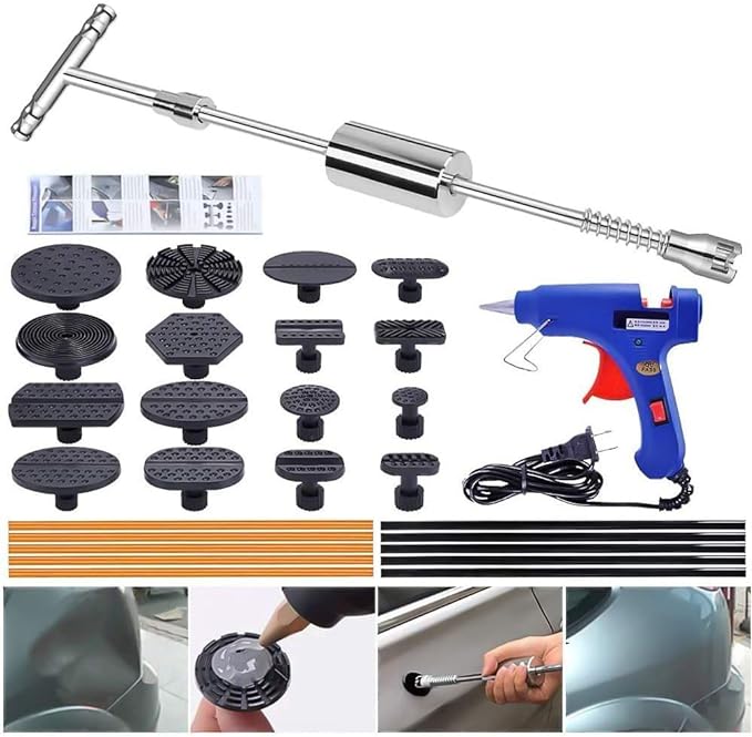 Paintless Dent Repair Puller Kit - Dent Puller Slide Hammer T-Bar Tool with 16pcs Dent Removal Pulling Tabs for Car Auto Body Hail Damage Remover