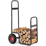 Goplus Firewood Carrier with Wheels, Outdoor Rolling Fire Wood Log Cart with Pneumatic Rubber Tiers, Heavy Duty Steel Wood Storage Hauler, Firewood Rack for Fireplace, Fire Pit, 220 LBS Capacity