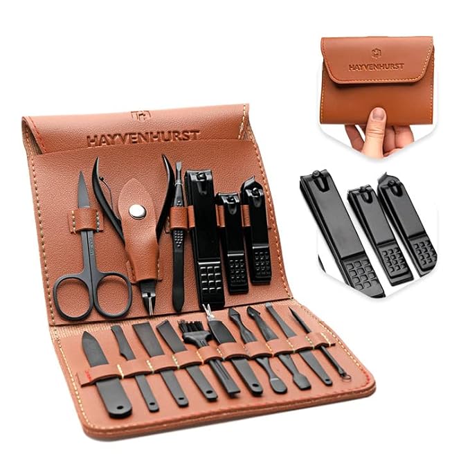 Nail Kit - Nail Clipper Set - Manicure Set - 15 Stainless Steel Pieces Manicure Kit For Men’s - Pedicure Kit With Nail Clippers For Men - Mens Grooming Kit With Luxurious Brown Leather portable Travel Case by Hayvenhurst